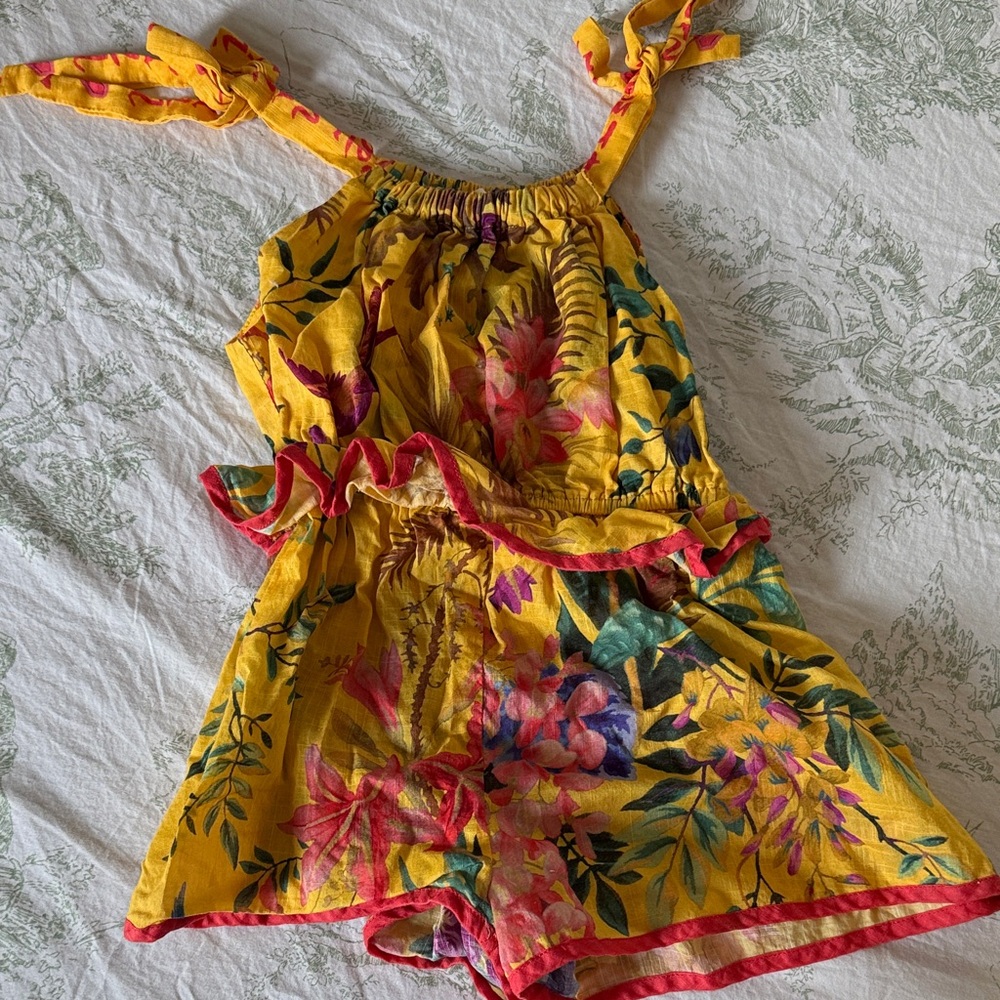 Zimmermann Yellow Floral Romper with Pink and Green Details